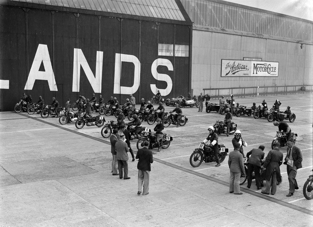 Detail of Motorcycles on the start line at the MCC Members Meeting, Brooklands, 10 September 1938 by Bill Brunell