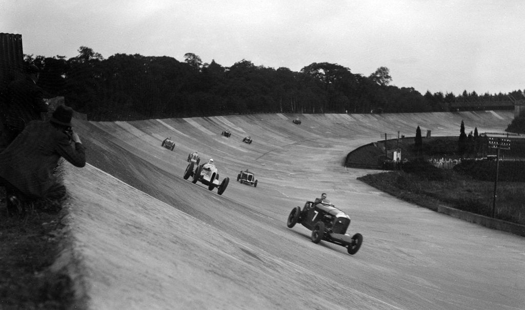 Detail of Bentley leading a Barnato-Hassan Special and a Jensen, October Long Handicap, Brooklands, 1938 by Bill Brunell
