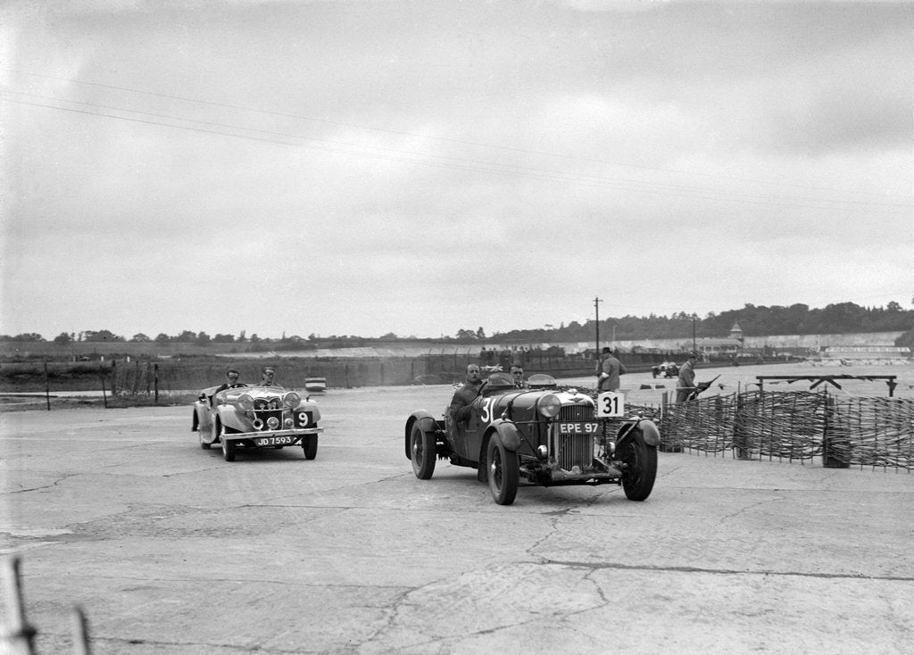 Detail of AP Watson's Lagonda and AS Lusty's Riley Lynx at the chicane, JCC Members Day, Brooklands, 1939 by Bill Brunell