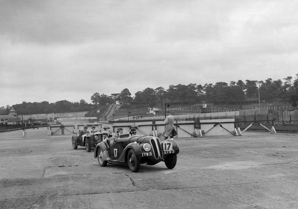 Detail of Frazer-Nash BMW 328 and Riley at the chicane, JCC Members Day, Brooklands, 1939 by Bill Brunell
