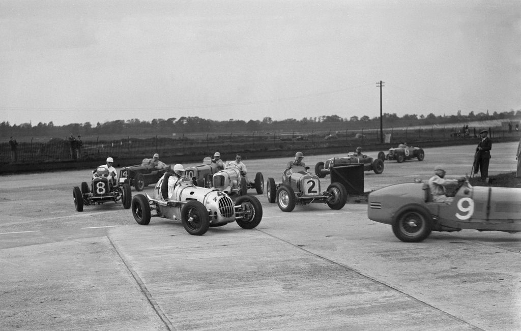 Detail of Cars racing at the BARC Meeting on the Campbell Circuit, Brooklands, 15 October 1938 by Bill Brunell