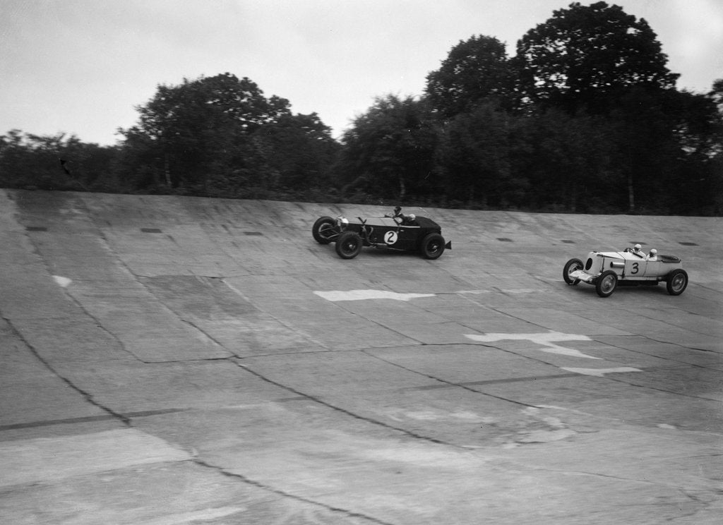 Detail of Invicta and Vauxhall 30/98 racing on the banking at an Inter-Club Meeting, Brooklands, 20 June 1931 by Bill Brunell