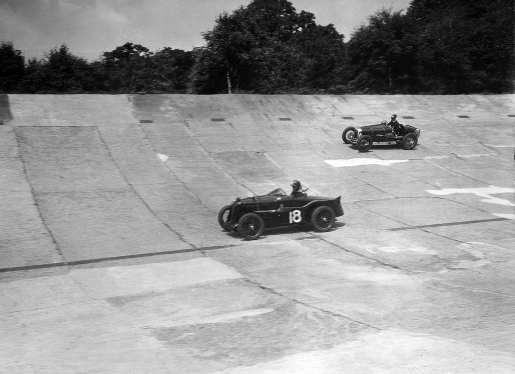 Detail of MG C type and Amilcar C6 racing on the banking at Brooklands by Bill Brunell