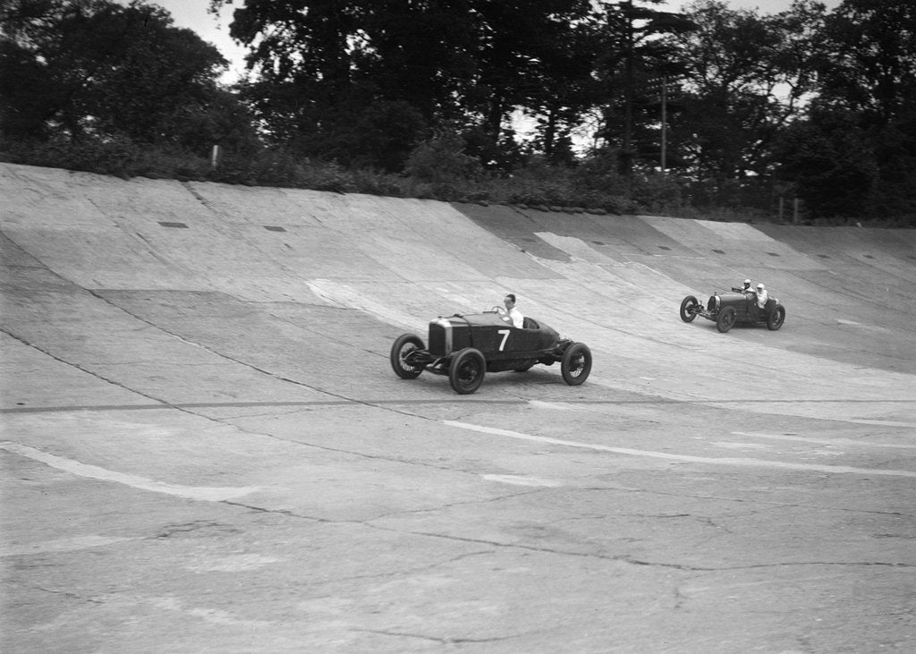 Detail of Vauxhall 30/98 and Bugatti Type 37 racing on the banking at Brooklands by Bill Brunell