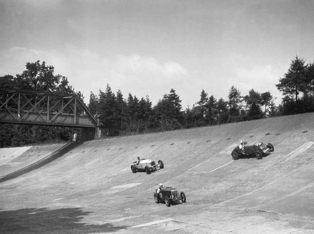 Detail of Lea-Francis 1496 cc, MG M type and Invicta 4467 cc racing on the Members Banking at Brooklands by Bill Brunell