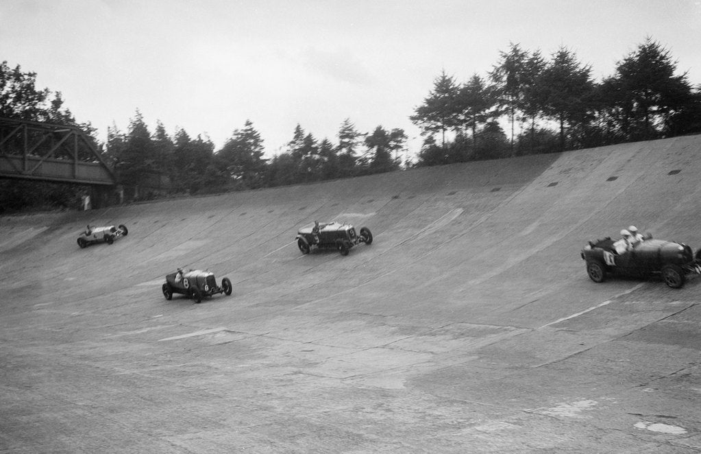 Detail of Bugatti Type 43, Sunbeam and Invicta racing on the Members Banking at Brooklands by Bill Brunell
