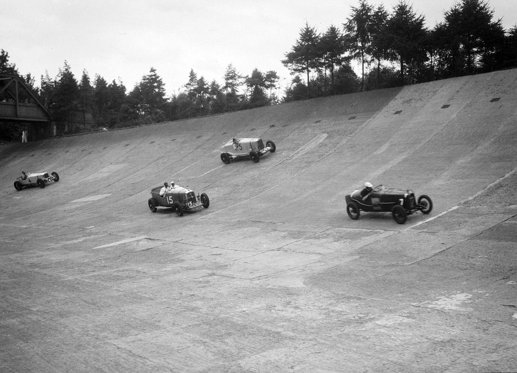 Detail of Talbot, Lagonda and Invicta racing on the Members Banking at Brooklands by Bill Brunell