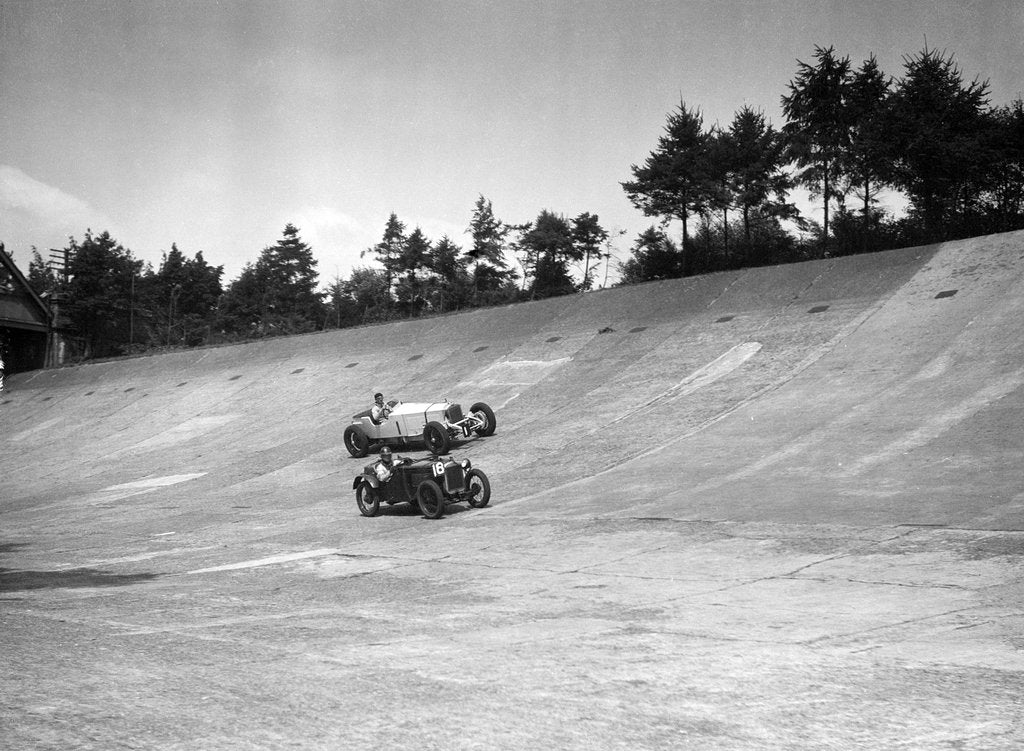 Detail of Invicta and Austin Ulster racing on the Members Banking at Brooklands by Bill Brunell