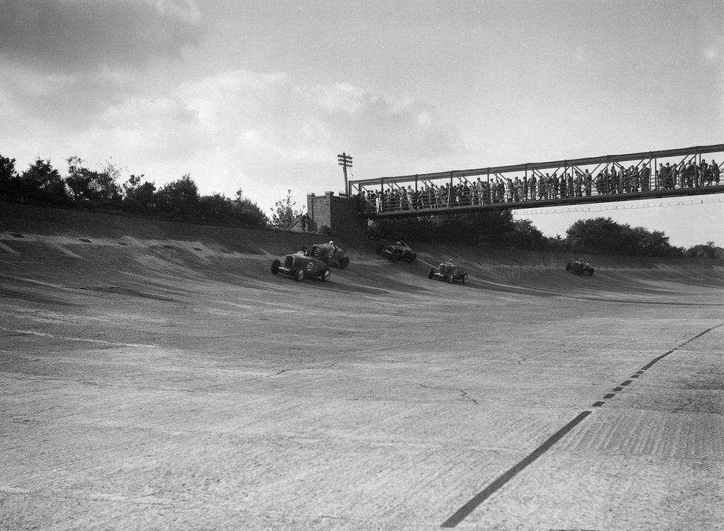 Detail of Cars racing on Byfleet Banking during the BRDC 500 Mile Race, Brooklands, 3 October 1931 by Bill Brunell