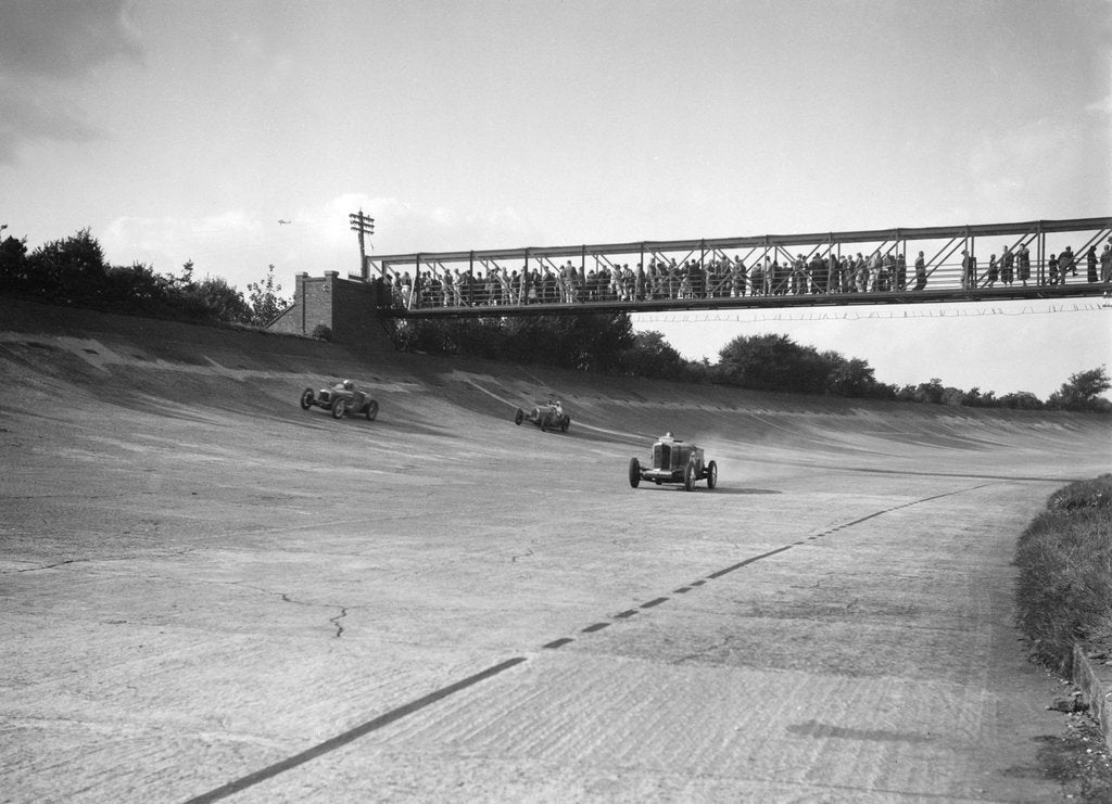 Detail of Cars racing on Byfleet Banking during the BRDC 500 Mile Race, Brooklands, 3 October 1931 by Bill Brunell