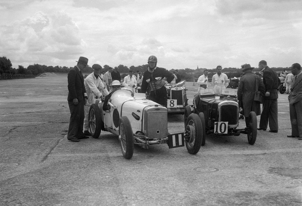 Detail of Frazer-Nash, Lea-Francis and Austin 7 at the LCC Relay GP, Brooklands, 25 July 1931 by Bill Brunell