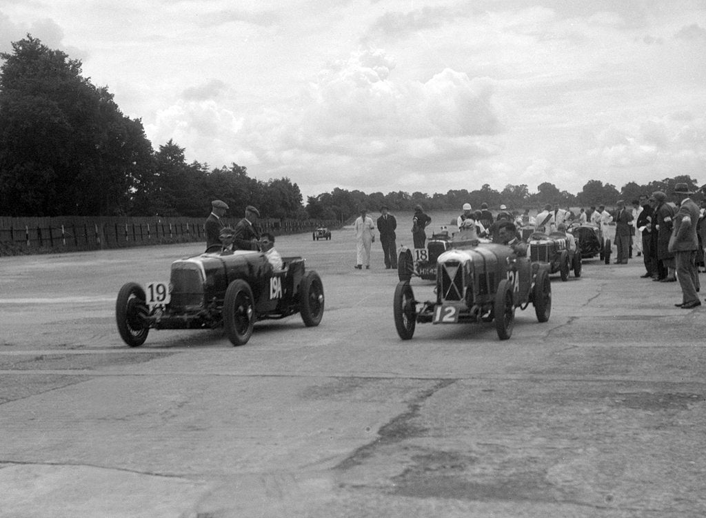 Detail of Aston Martins, Salmson and MG at the start of the LCC Relay GP, Brooklands, 25 July 1931 by Bill Brunell