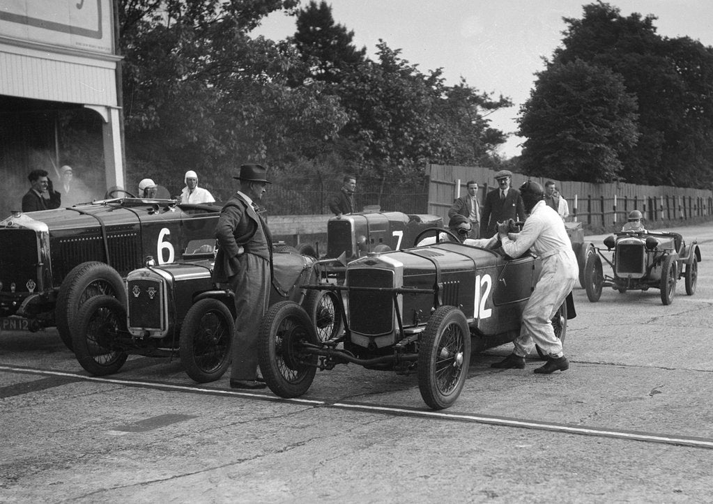 Detail of Minerva, Austin and Alvis at the start of an Inter-Club Meeting, Brooklands, 20 June 1931 by Bill Brunell
