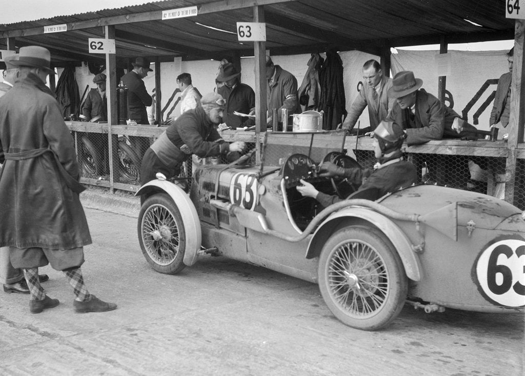 Detail of MG C type of TVG Selby and G Hendy in the pits at the JCC Double Twelve race, Brooklands, May 1931 by Bill Brunell