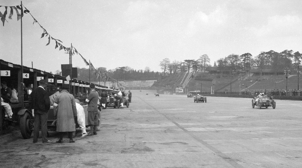Detail of Invicta leading a Riley 9 Brooklands in the JCC Double Twelve race, Brooklands, 8/9 May 1931 by Bill Brunell