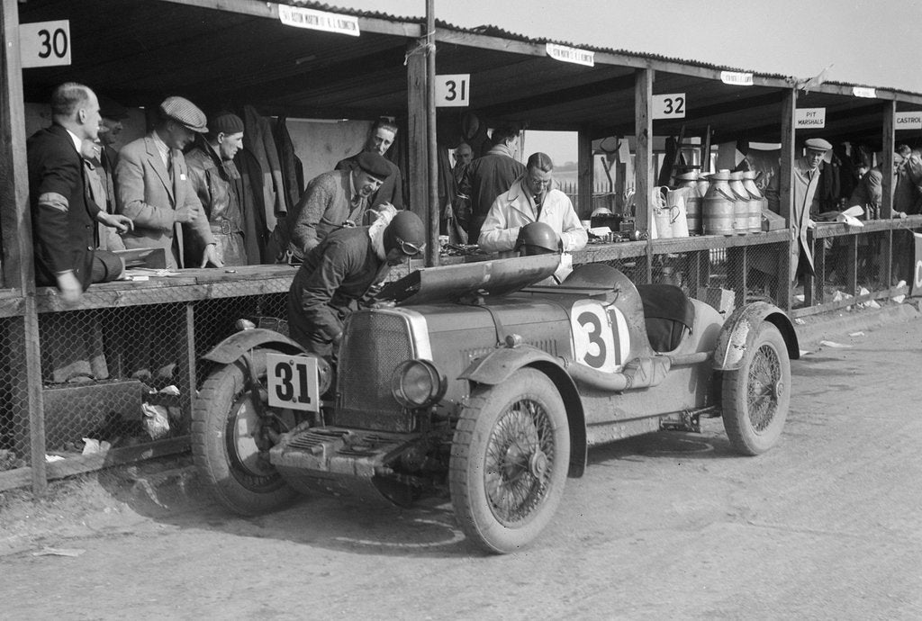 Detail of Clive Gallop and Leon Cushman's Aston Martin in the pits, JCC Double Twelve race, Brooklands, 1931 by Bill Brunell