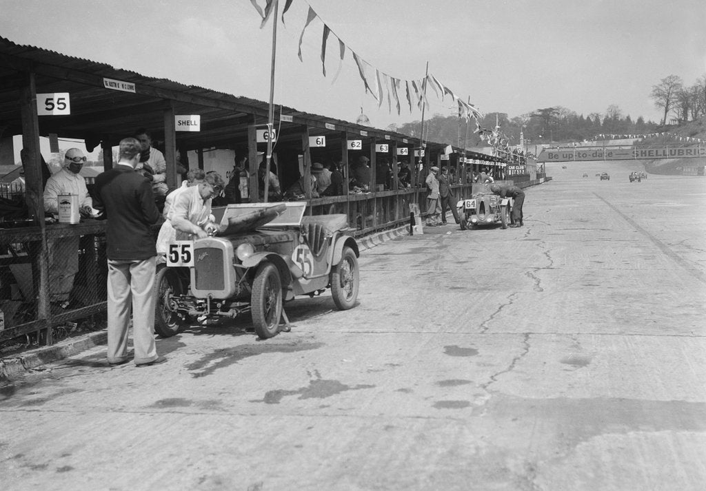 Detail of Austin Ulster and MG C type in the pits at the JCC Double Twelve race, Brooklands, 8/9 May 1931 by Bill Brunell