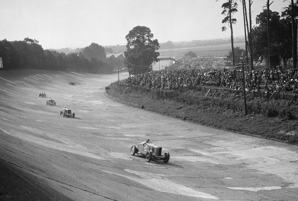 Detail of Talbot 90 on the banking at Brooklands, 1930s by Bill Brunell