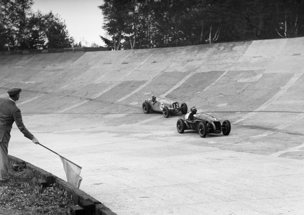 Detail of HC Hunter's Alta leading a Delahaye, JCC International Trophy, Brooklands, 2 August 1937 by Bill Brunell