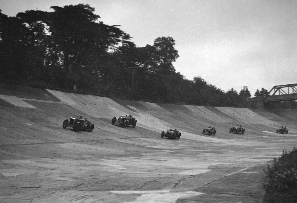 Detail of Cars racing on the banking at a JCC Members Day, Brooklands by Bill Brunell