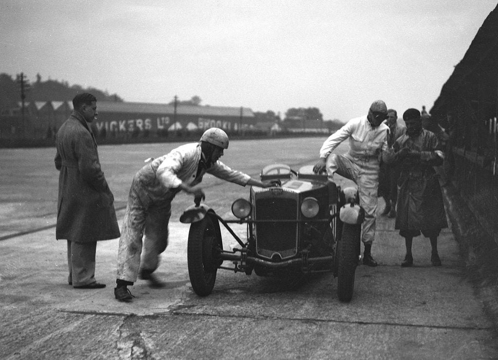 Detail of RL Bellamy's Frazer-Nash in the pits at a JCC Members Day, Brooklands by Bill Brunell