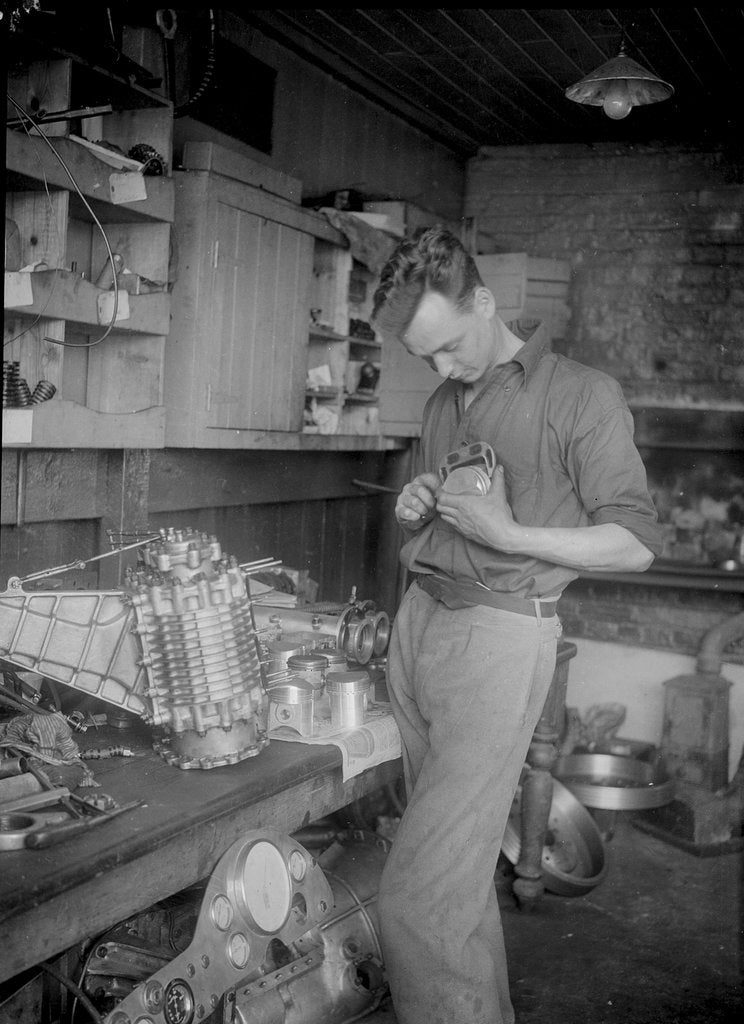 Detail of Mechanic working on Raymond Mays' 2996 cc Vauxhall-Villiers by Bill Brunell