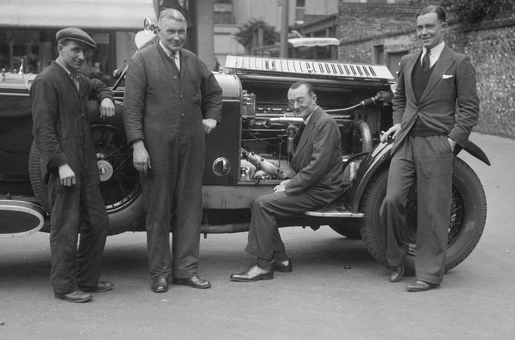 Detail of Four men posing beside a Minerva car by Bill Brunell