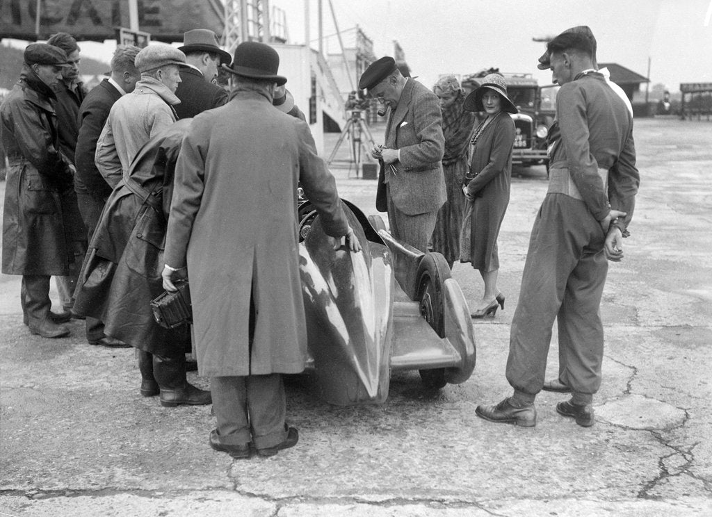 Detail of People examining Leon Cushman's Austin 7 racer at Brooklands for a speed record attempt, 1931 by Bill Brunell