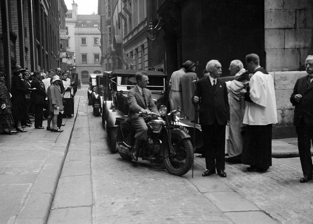Detail of 600 cc Douglas motorcycle combination at a motor vehicle blessing ceremony by Bill Brunell
