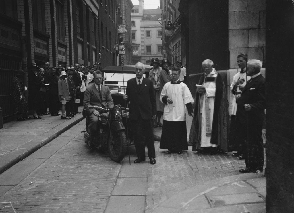 Detail of 600 cc Douglas motorcycle combination at a motor vehicle blessing ceremony by Bill Brunell