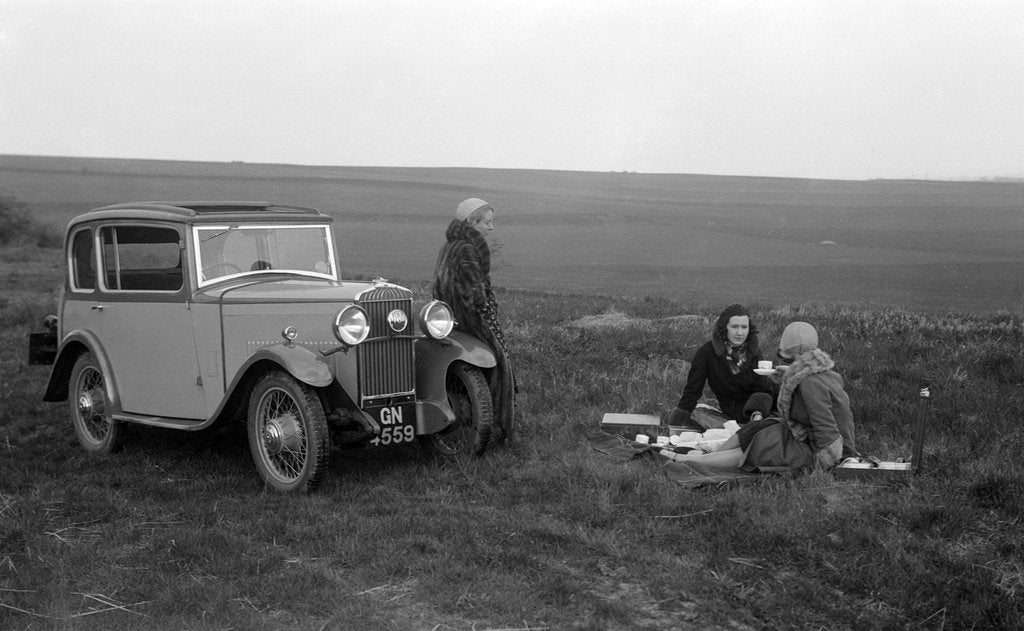 Detail of Three women having a picnic during a road test of a Triumph Scorpion, 1931 by Bill Brunell