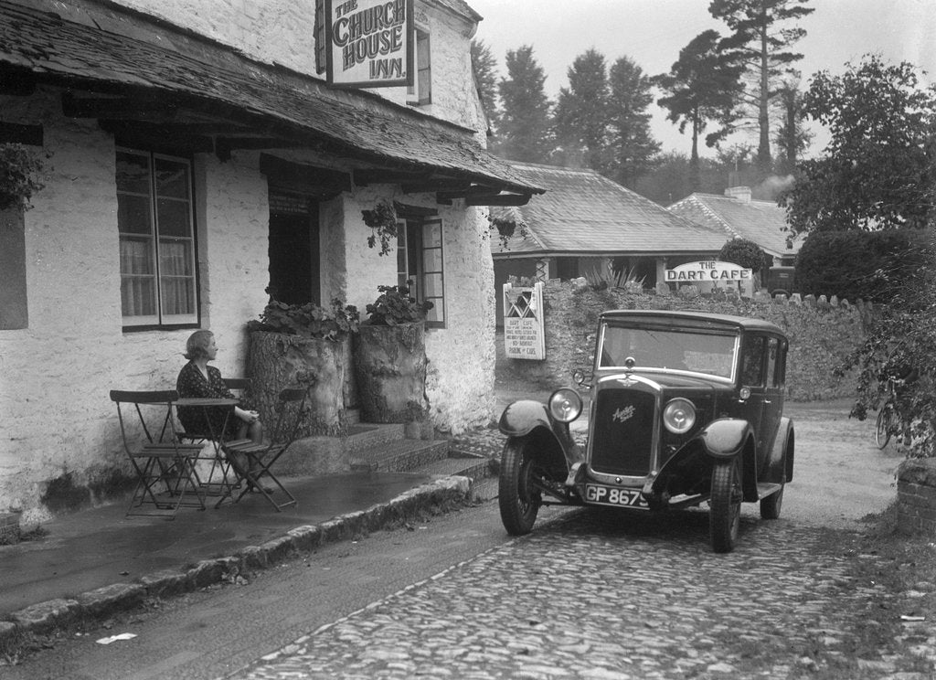 Detail of 1931 Austin 16/6 on a road test, parked outside the Church House Inn, Stoke Gabriel, Devon by Bill Brunell