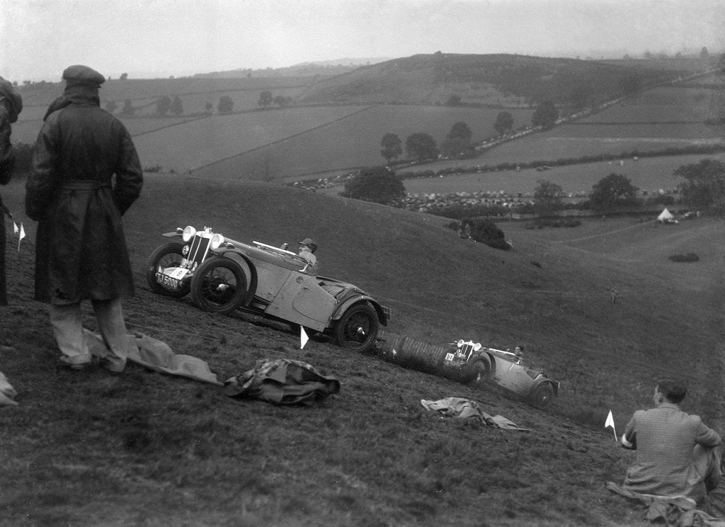 Detail of Two MG PAs competing in the Singer CC Rushmere Hill Climb, Shropshire 1935 by Bill Brunell