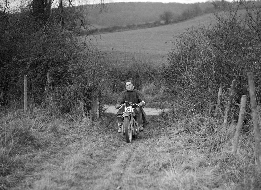 Detail of 600 cc Ariel Square Four of HLS Sikes competing in the Inter-Varsity Trial, November 1931 by Bill Brunell