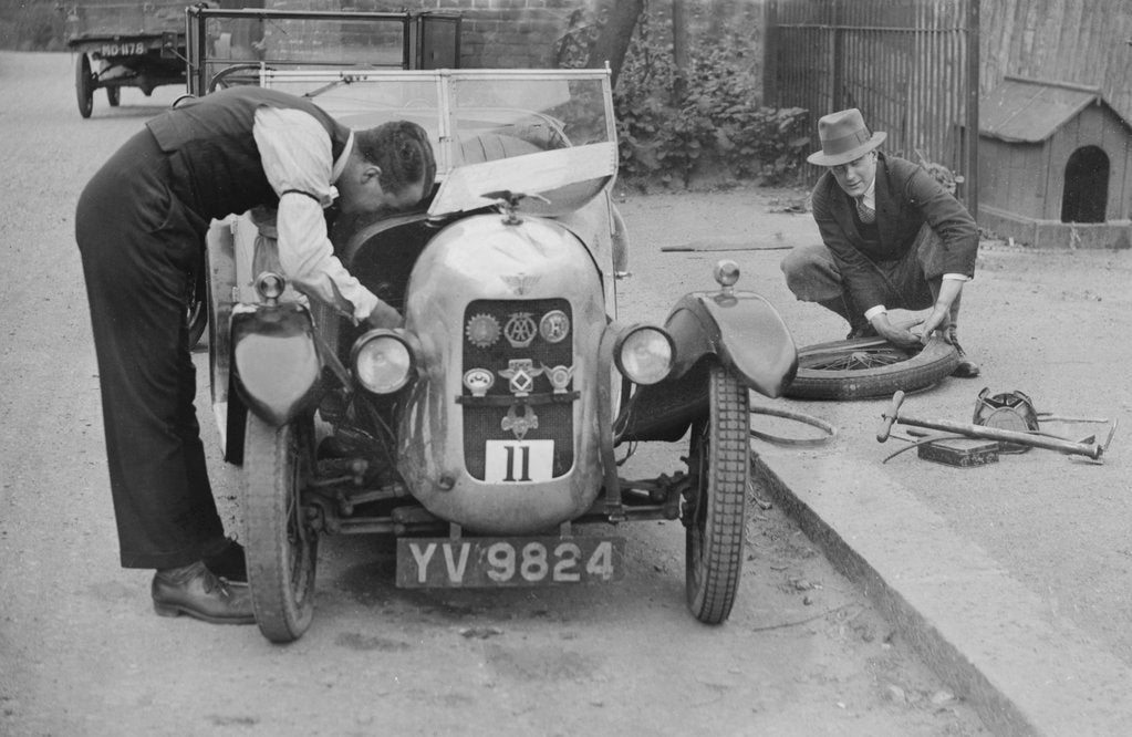 Detail of Working on the engine of E Martin's Austin Swallow at the North West London Motor Club Trial, 1929 by Bill Brunell