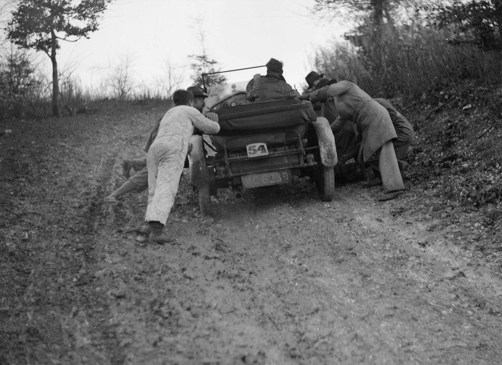 Detail of EA Beale's Vauxhall 30-98 Velox 4 seater receiving a push during the Inter-Varsity Trial, 1930 by Bill Brunell