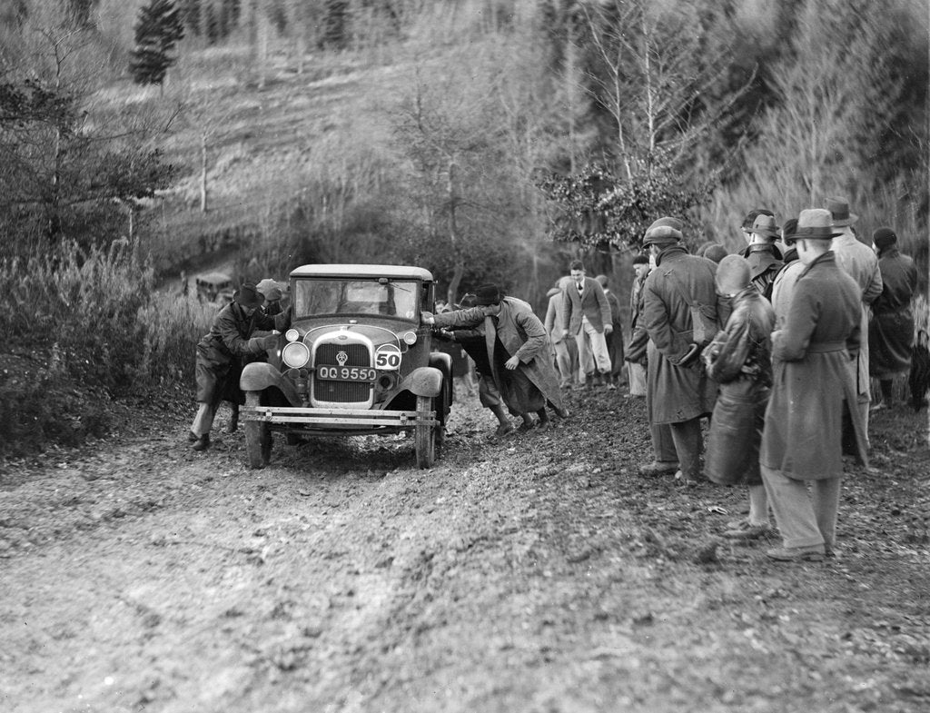 Detail of KHL Seaton's Ford Model A saloon receiving a push in the Inter-Varsity Trial, 1930 by Bill Brunell