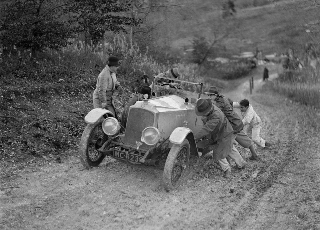 Detail of EA Beale's Vauxhall 30-98 Velox 4 seater receiving a push during the Inter-Varsity Trial, 1930 by Bill Brunell