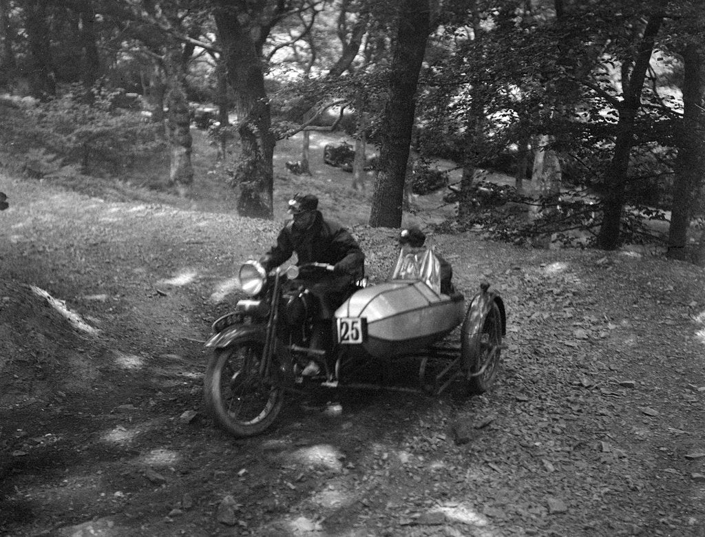 Detail of Harley-Davidson and sidecar, B&HMC Brighton-Beer Trial, Fingle Bridge Hill, Devon, 1934 by Bill Brunell