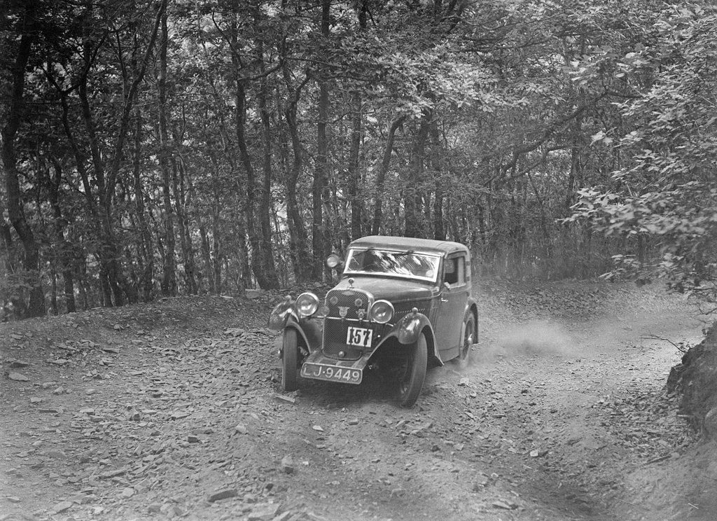 Detail of Singer coupe competing in the B&HMC Brighton-Beer Trial, Fingle Bridge Hill, Devon, 1934 by Bill Brunell