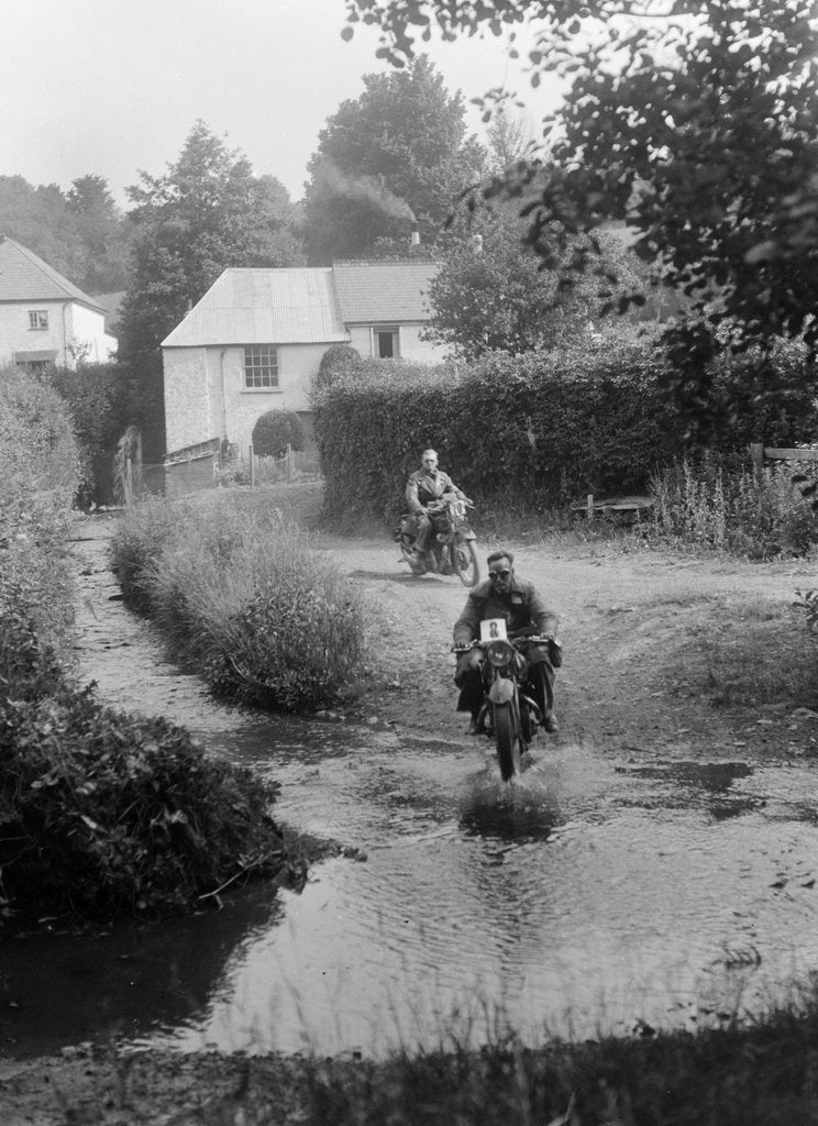 Detail of Motorcycles competing in the B&HMC Brighton-Beer Trial, Windout Lane, near Dunsford, Devon, 1934 by Bill Brunell