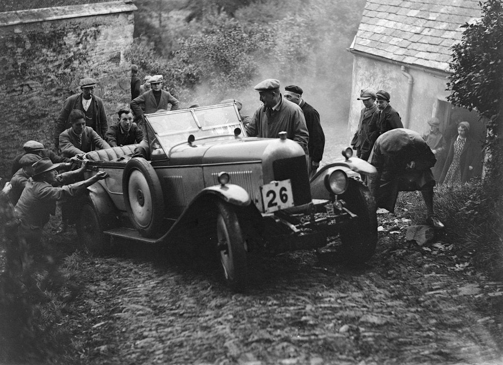 Detail of Morris or MG 14/28 of MH Fortlage receiving a push in the JCC Lynton Trial, 1932 by Bill Brunell