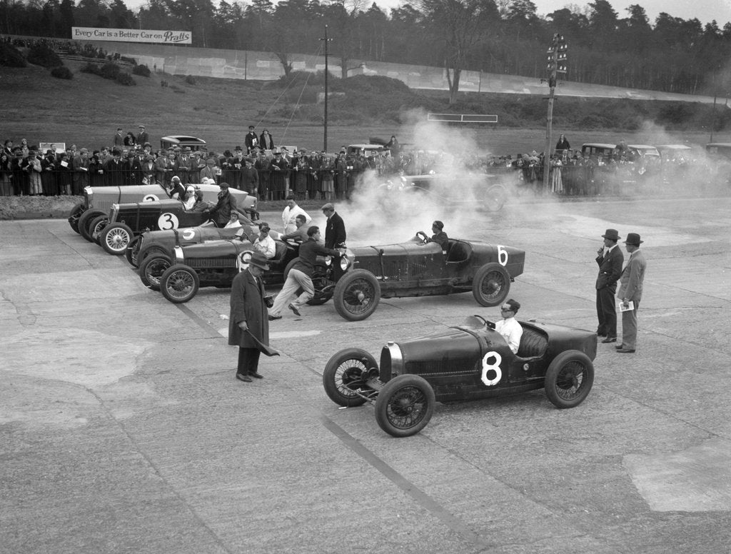 Detail of Cars on the start line at a BARC meeting, Brooklands, 1930 by Bill Brunell