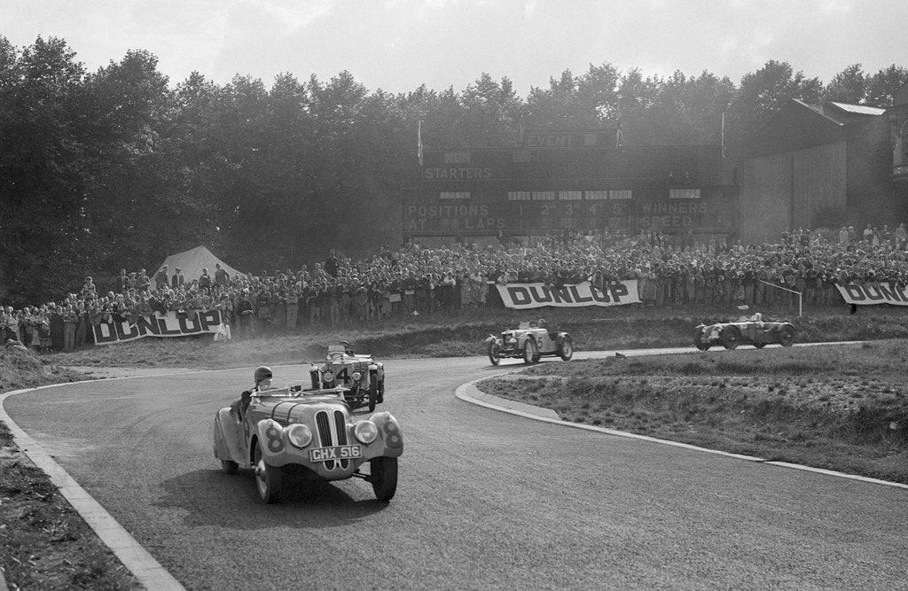 Detail of LG Johnson's Frazer-Nash BMW 328 leading two MG PBs, Imperial Trophy, Crystal Palace, 1939 by Bill Brunell