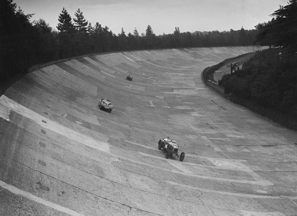 Detail of Frazer-Nash and Frazer-Nash BMW racing on the banking at Brooklands, 1938 or 1939 by Bill Brunell