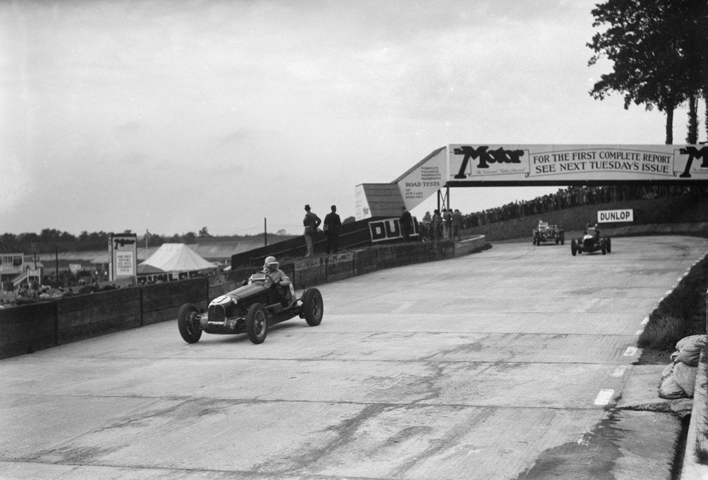 Detail of Maserati and Alfa Romeo racing at Brooklands, 1938 or 1939 by Bill Brunell