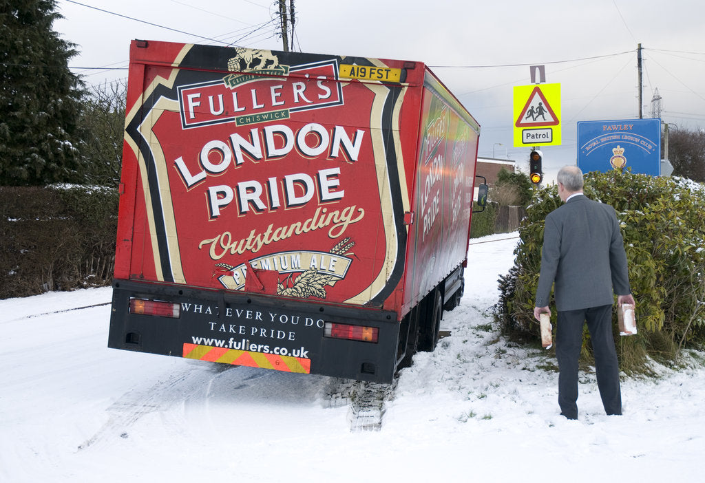 Detail of London Pride Brewery lorry stuck in snow 2009 by Unknown