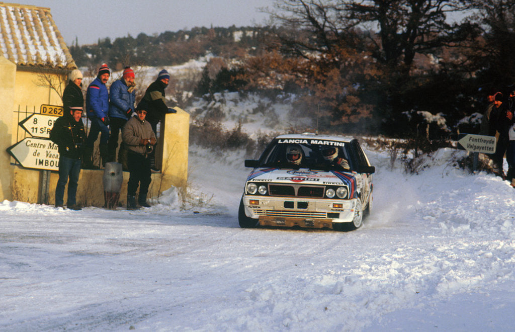 Detail of Juha Kankkunen in Lancia Delta HF during 1987 Monte Carlo Rally. He finished 2nd overall by Unknown