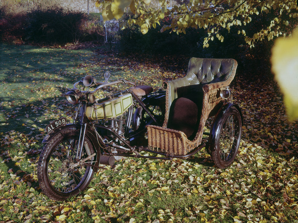 Detail of 1913 BAT motorcycle with wicker sidecar by Unknown