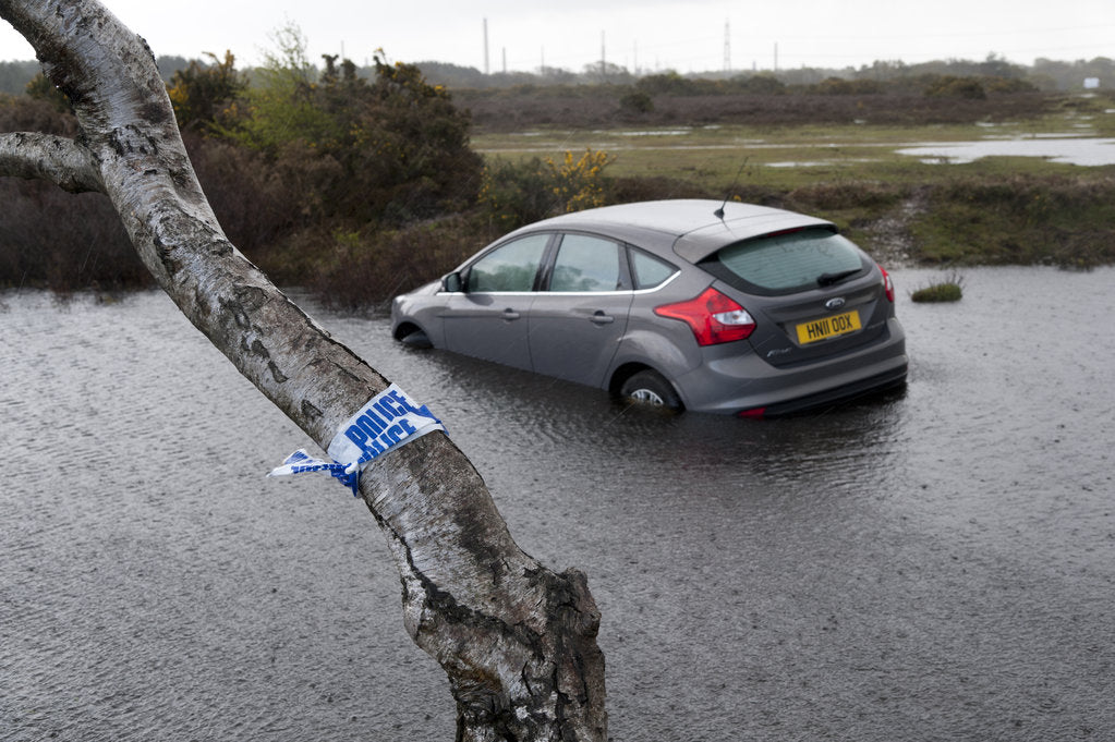 Detail of Ford Focus in flooded ditch after losing control on wet road 2012 by Unknown
